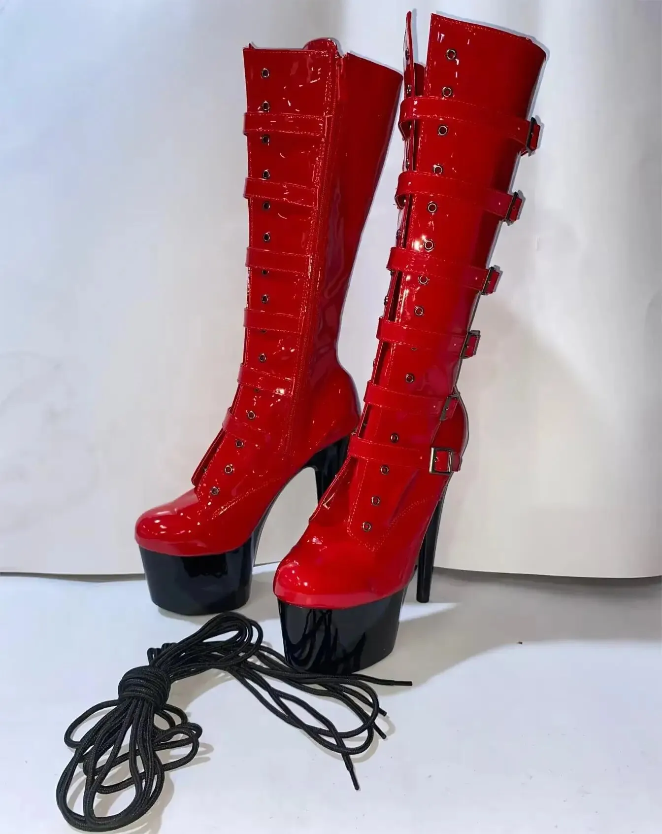 17cm High Heel Boots - Buckle Lacquer Platform Boots