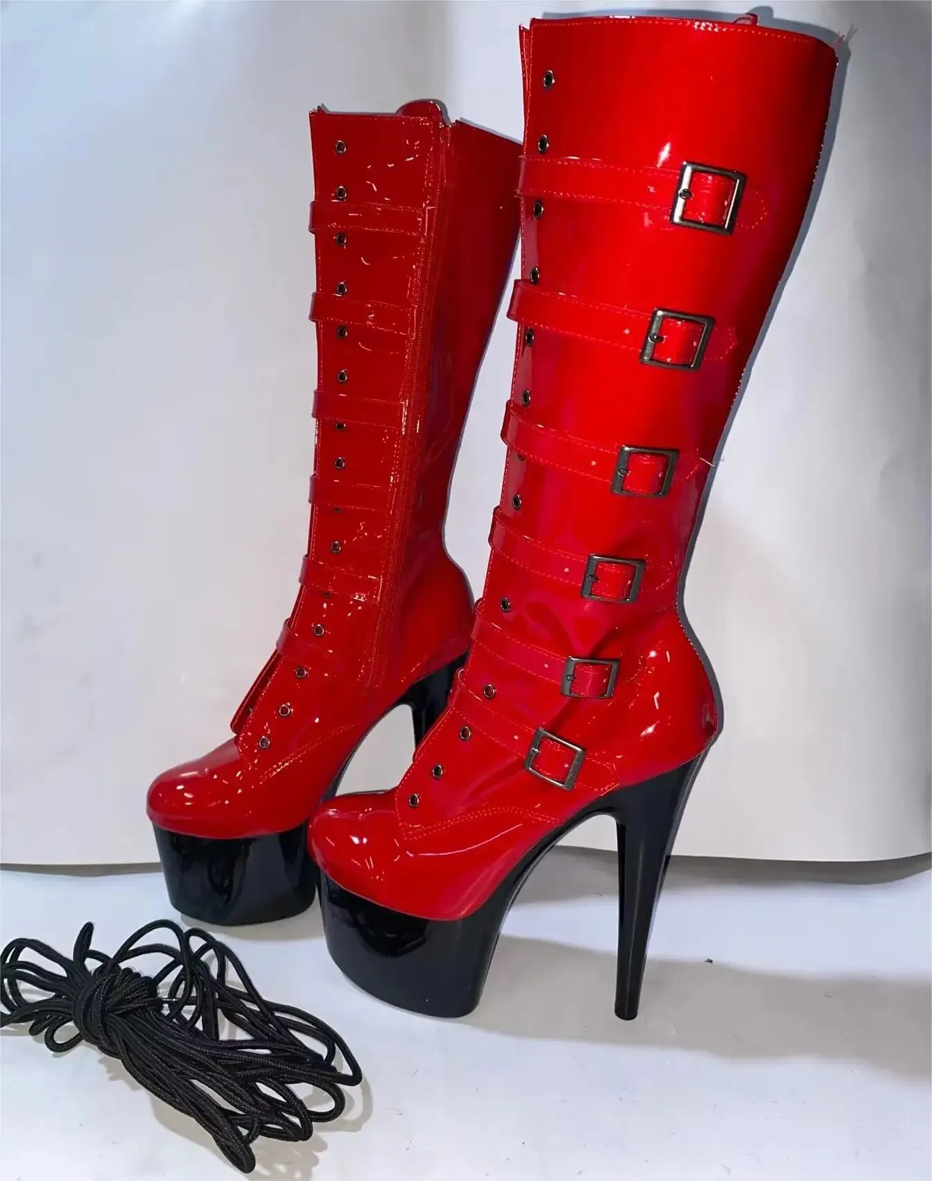 17cm High Heel Boots - Buckle Lacquer Platform Boots