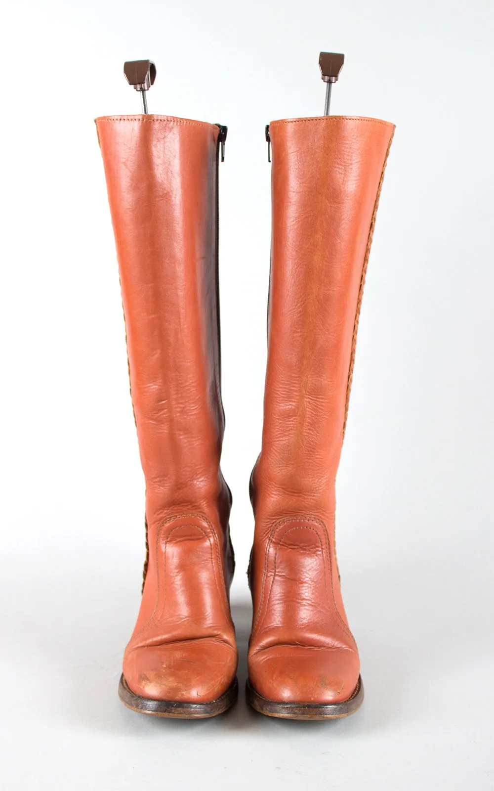 1970s Brown Leather Braided Knee High Campus Boots | size 8