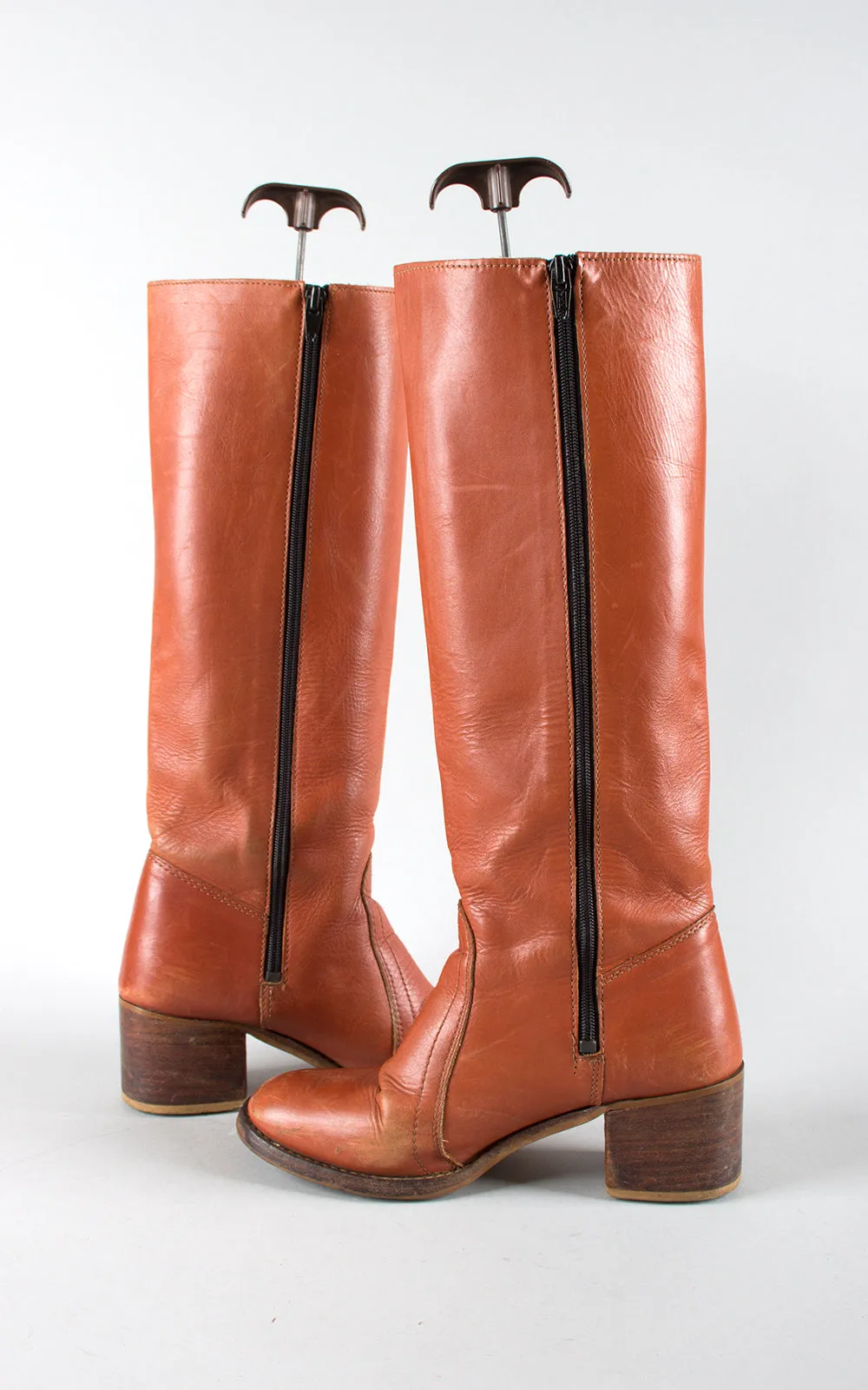 1970s Brown Leather Braided Knee High Campus Boots | size 8