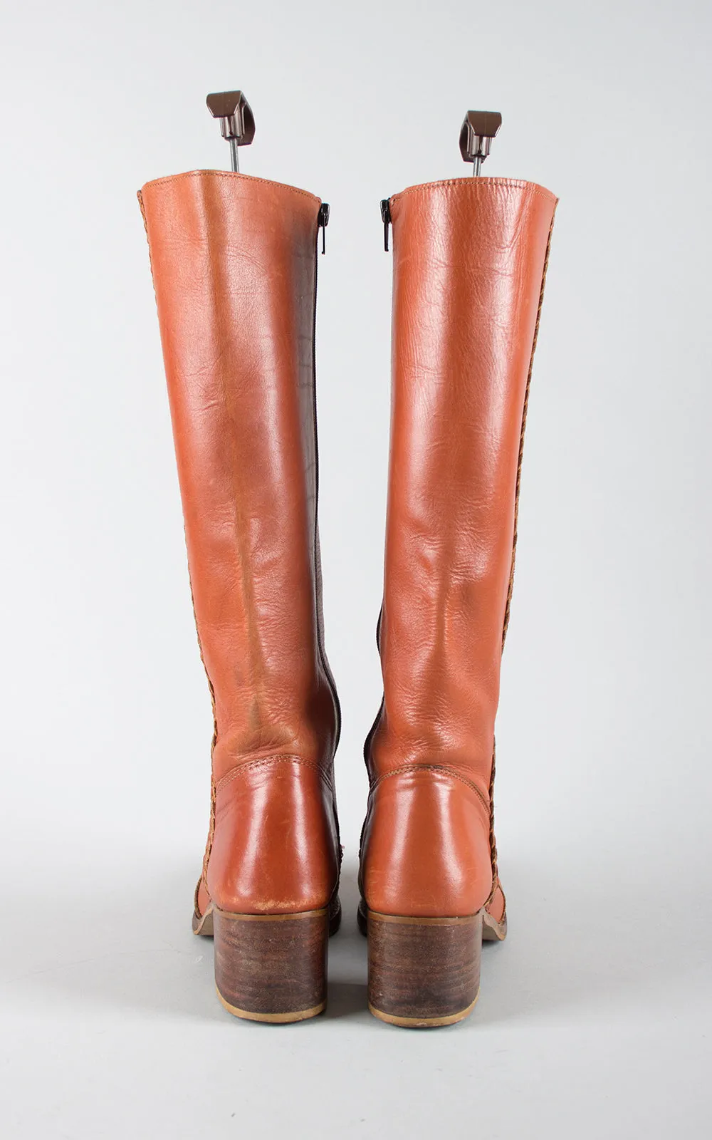 1970s Brown Leather Braided Knee High Campus Boots | size 8
