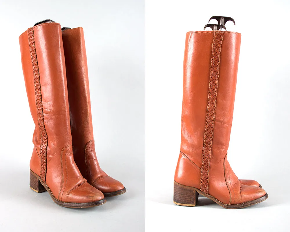 1970s Brown Leather Braided Knee High Campus Boots | size 8