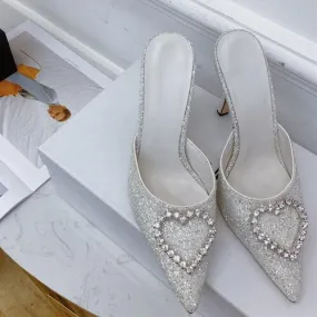 2023 New Shallow Mouth High-heeled Women's Shoes Love Rhinestone Shining Thin Heel Slippers Pointed Women's Single Shoes