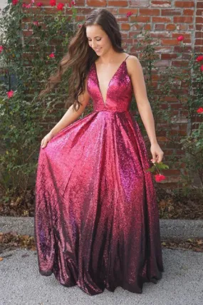 A-Line Spaghetti Straps Floor-Length Fuchsia Sequined Prom Dress PDA362