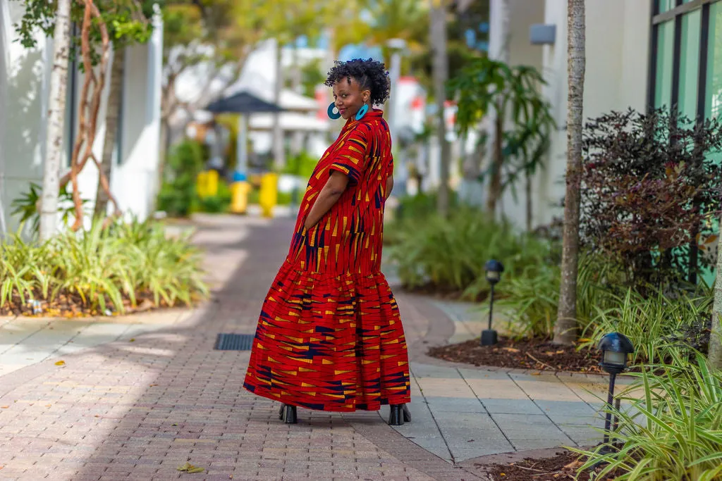 African Print /Ankara/Kitenge Maxi Dress - Red /Orange/Black Tribal Print Short Sleeved Button Down Long Shirt Dress