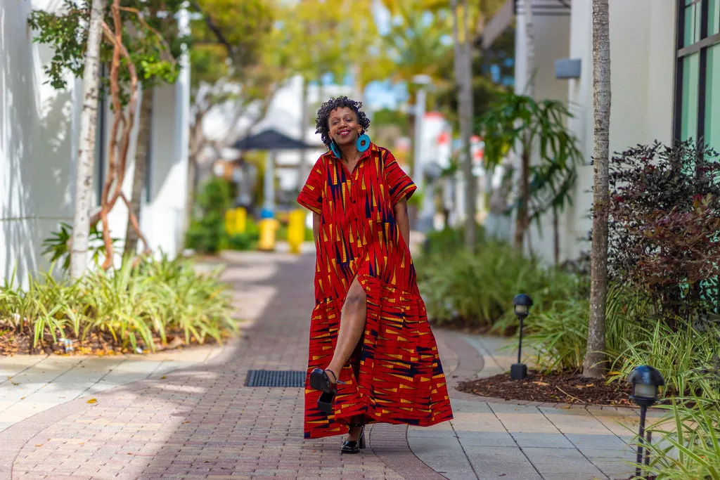African Print /Ankara/Kitenge Maxi Dress - Red /Orange/Black Tribal Print Short Sleeved Button Down Long Shirt Dress
