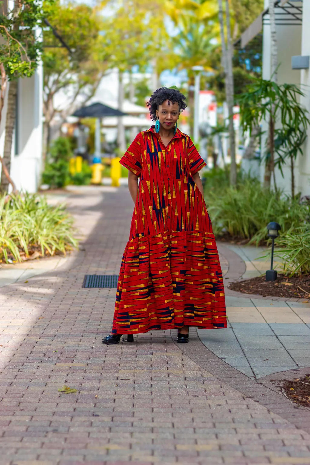 African Print /Ankara/Kitenge Maxi Dress - Red /Orange/Black Tribal Print Short Sleeved Button Down Long Shirt Dress