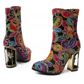 Artisan Superbly Handmade & Beaded Jacquard Birdcage Heel Boots - 2 Heel Heights