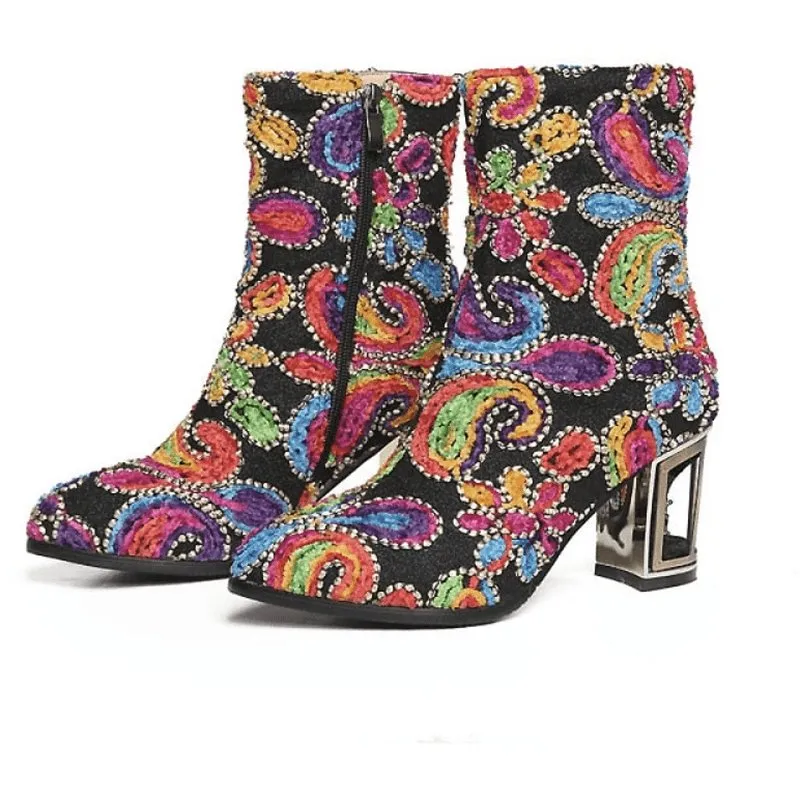 Artisan Superbly Handmade & Beaded Jacquard Birdcage Heel Boots - 2 Heel Heights