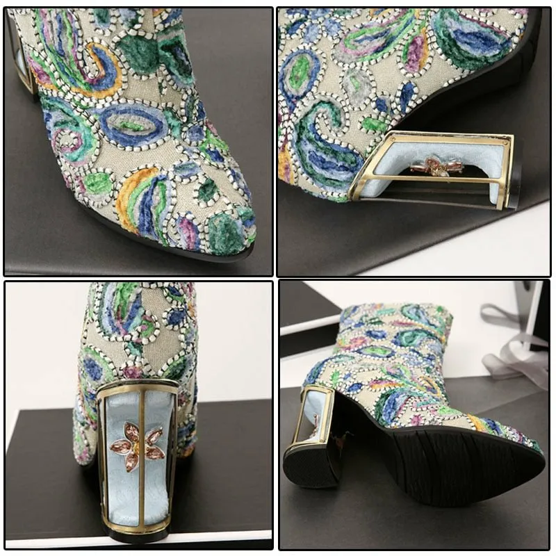 Artisan Superbly Handmade & Beaded Jacquard Birdcage Heel Boots - 2 Heel Heights