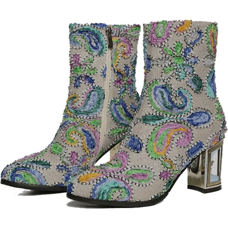 Artisan Superbly Handmade & Beaded Jacquard Birdcage Heel Boots - 2 Heel Heights