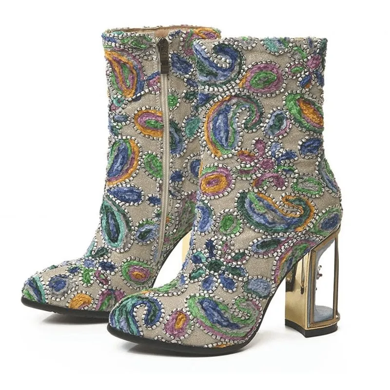 Artisan Superbly Handmade & Beaded Jacquard Birdcage Heel Boots - 2 Heel Heights
