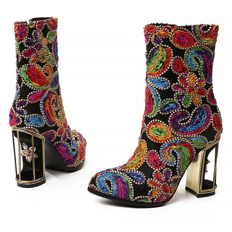 Artisan Superbly Handmade & Beaded Jacquard Birdcage Heel Boots - 2 Heel Heights