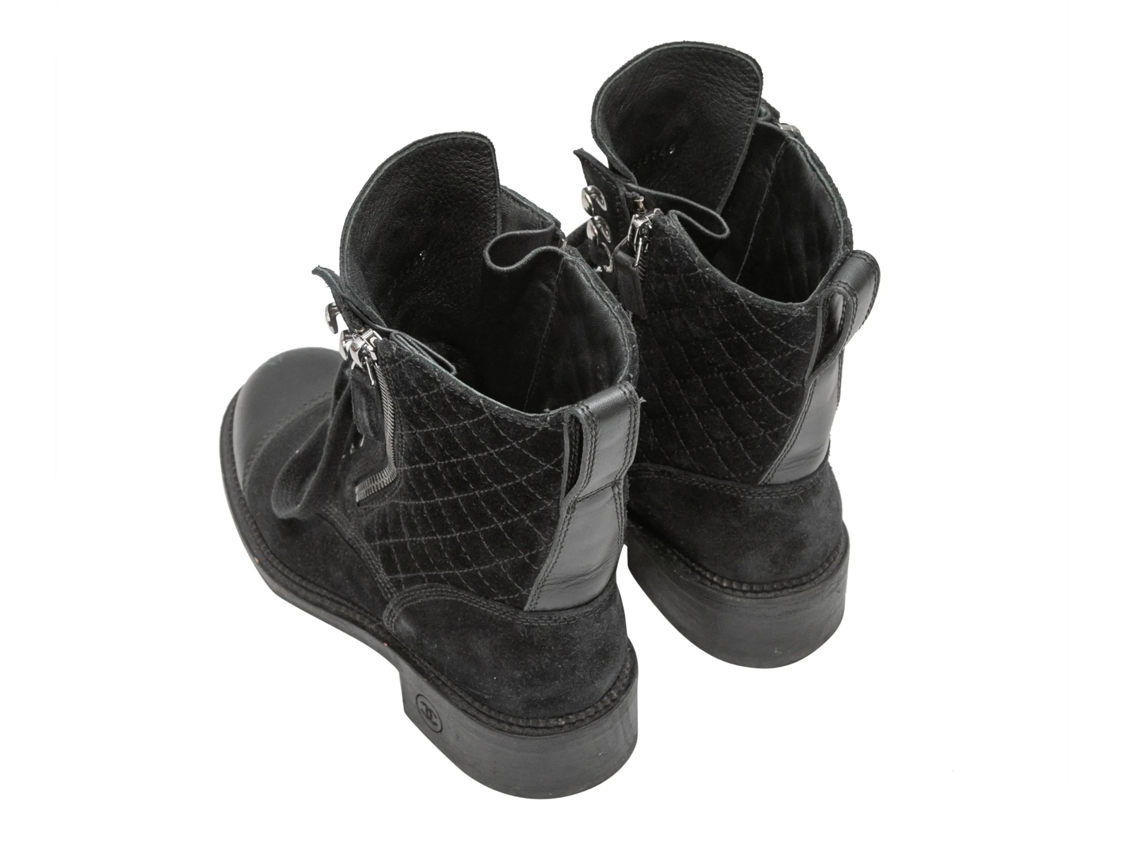 Black Chanel Quilted Suede Cap-Toe Combat Boots Size 35