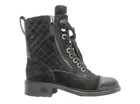 Black Chanel Quilted Suede Cap-Toe Combat Boots Size 35