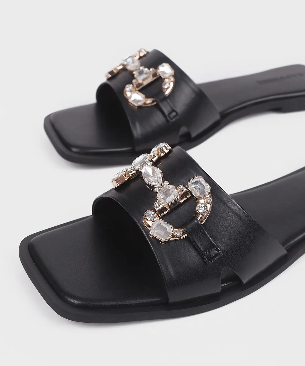 Black Flats with Stone Buckle
