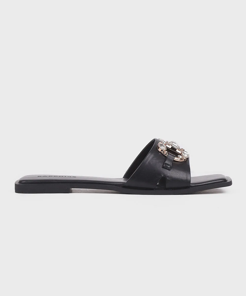 Black Flats with Stone Buckle
