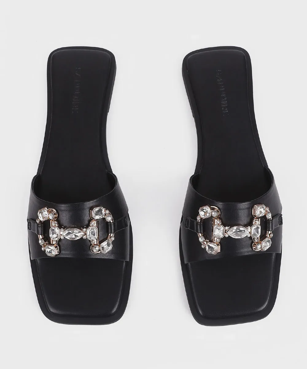 Black Flats with Stone Buckle