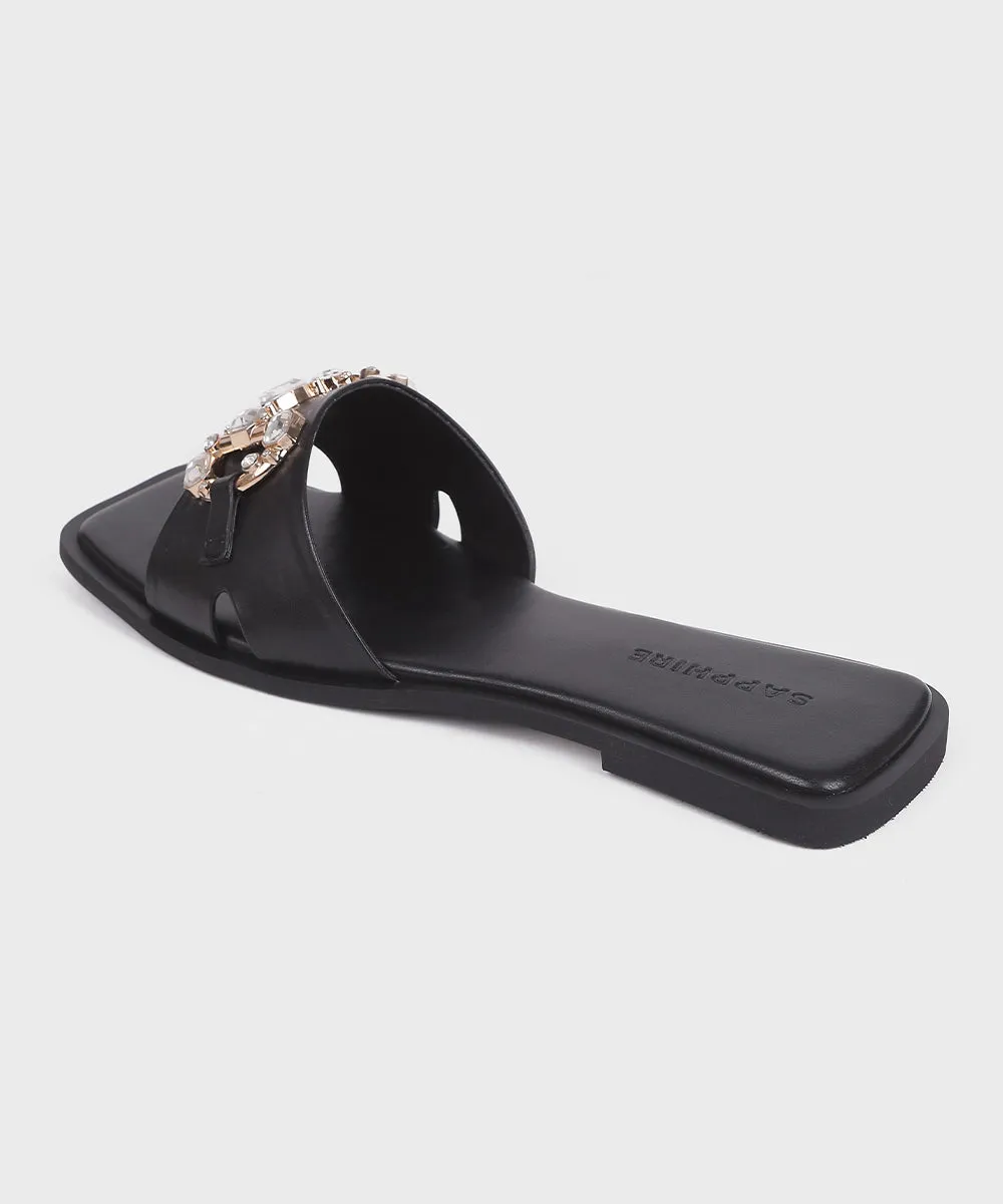 Black Flats with Stone Buckle