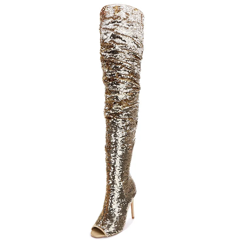 Bling Glitter Long Peep Toe boots