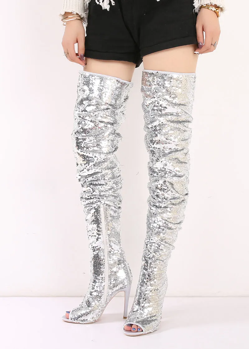 Bling Glitter Long Peep Toe boots