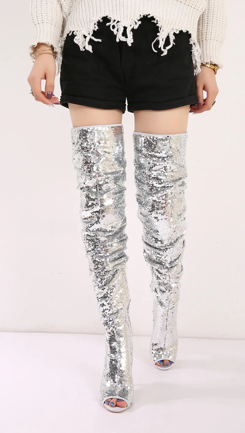 Bling Glitter Long Peep Toe boots