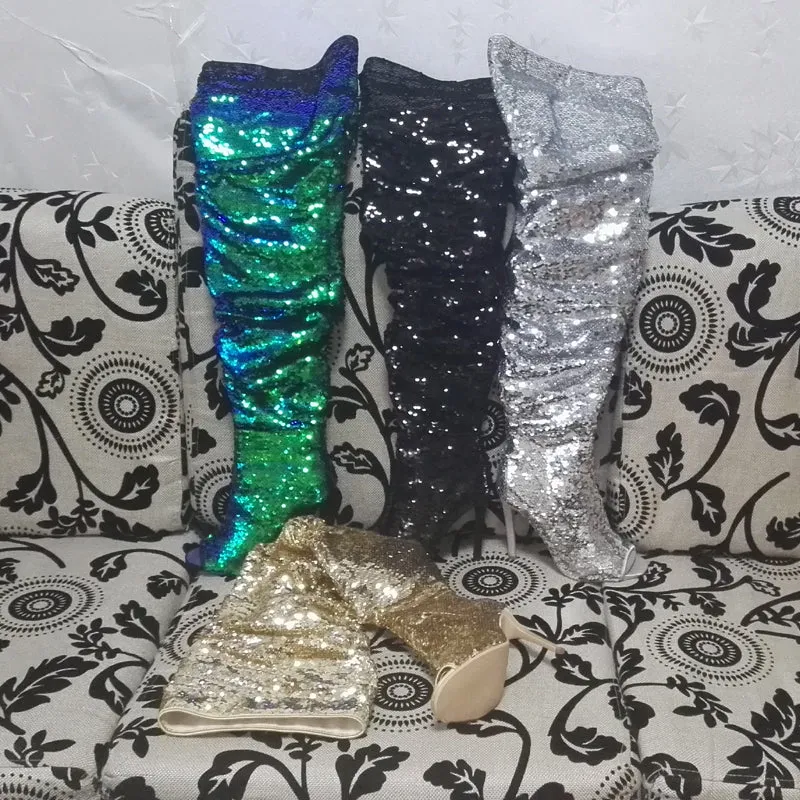 Bling Glitter Long Peep Toe boots
