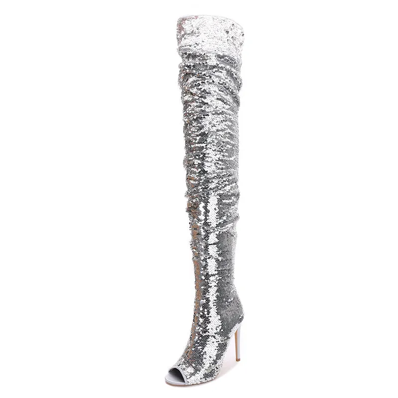 Bling Glitter Long Peep Toe boots