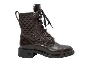 Brown Chanel Quilted Patent Combat Boots Size 36.5