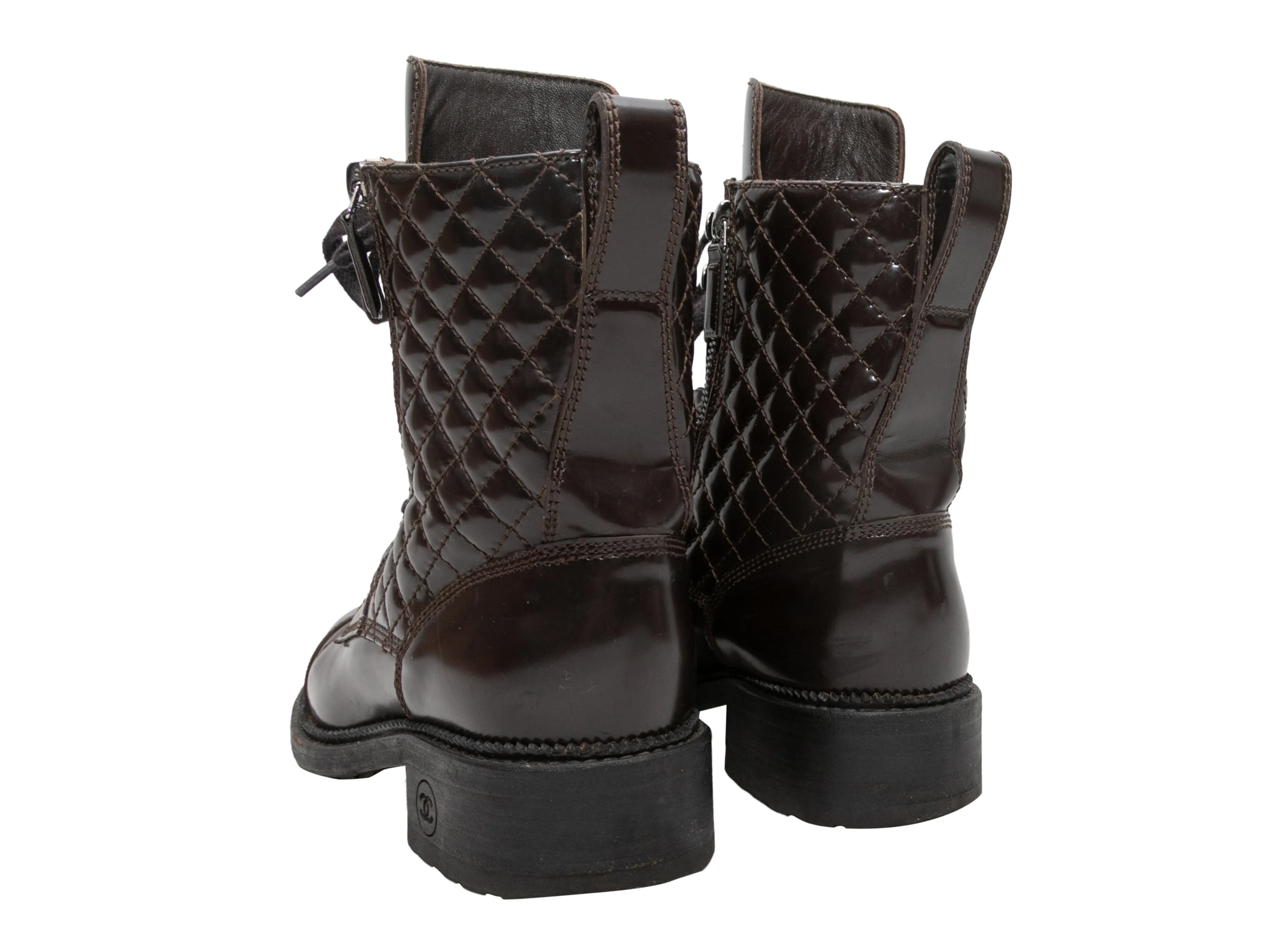 Brown Chanel Quilted Patent Combat Boots Size 36.5