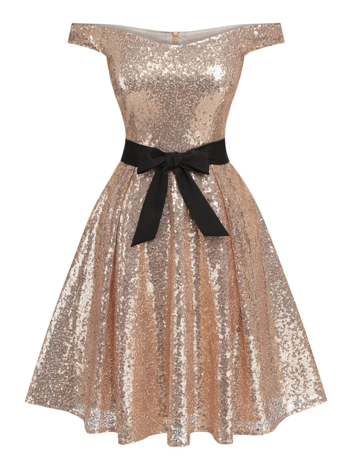 Champagne 1950s Sequined Off-shoulder Dress