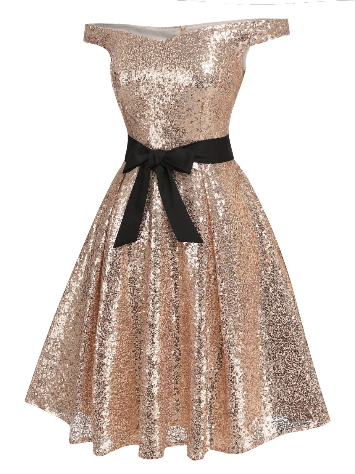 Champagne 1950s Sequined Off-shoulder Dress