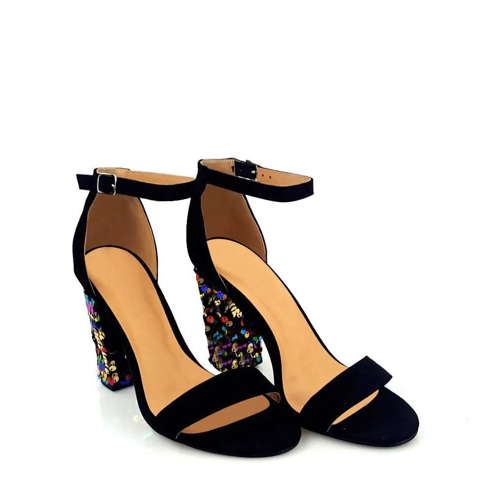 Melany Sequined Blocked Heel Sandal