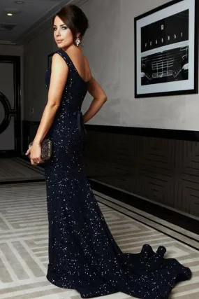Mermaid Scoop Sweep Train Navy Blue Sequined Prom Dress PDA526