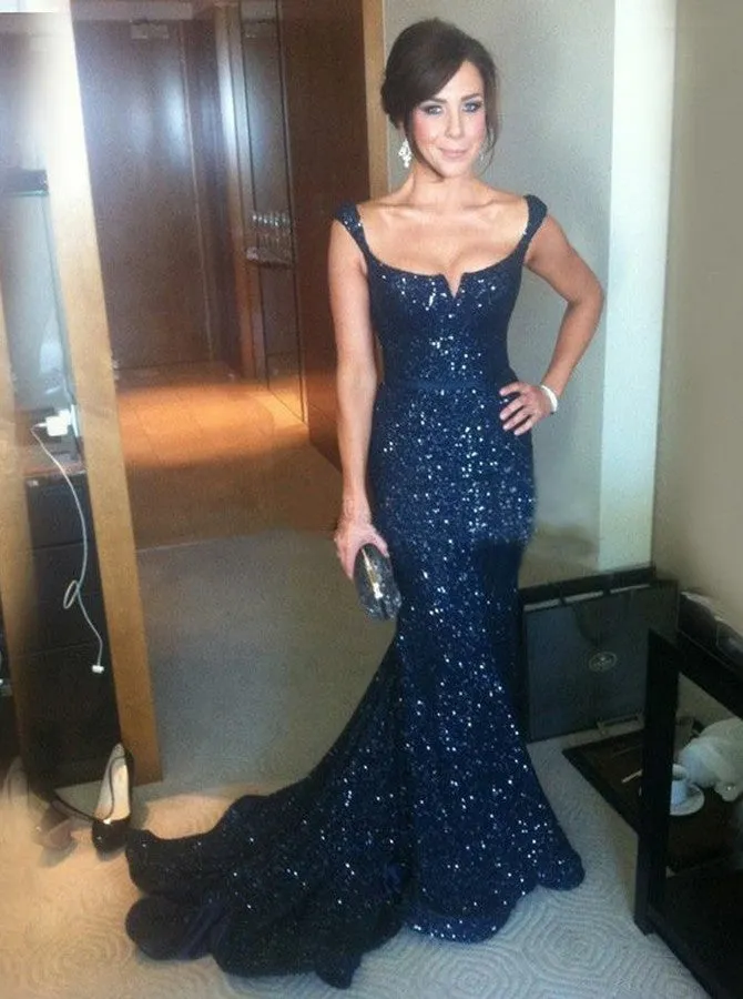 Mermaid Scoop Sweep Train Navy Blue Sequined Prom Dress PDA526