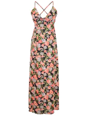 Moon Collection Slitted Multicolor Floral Print Maxi Dress With Low V Neckline