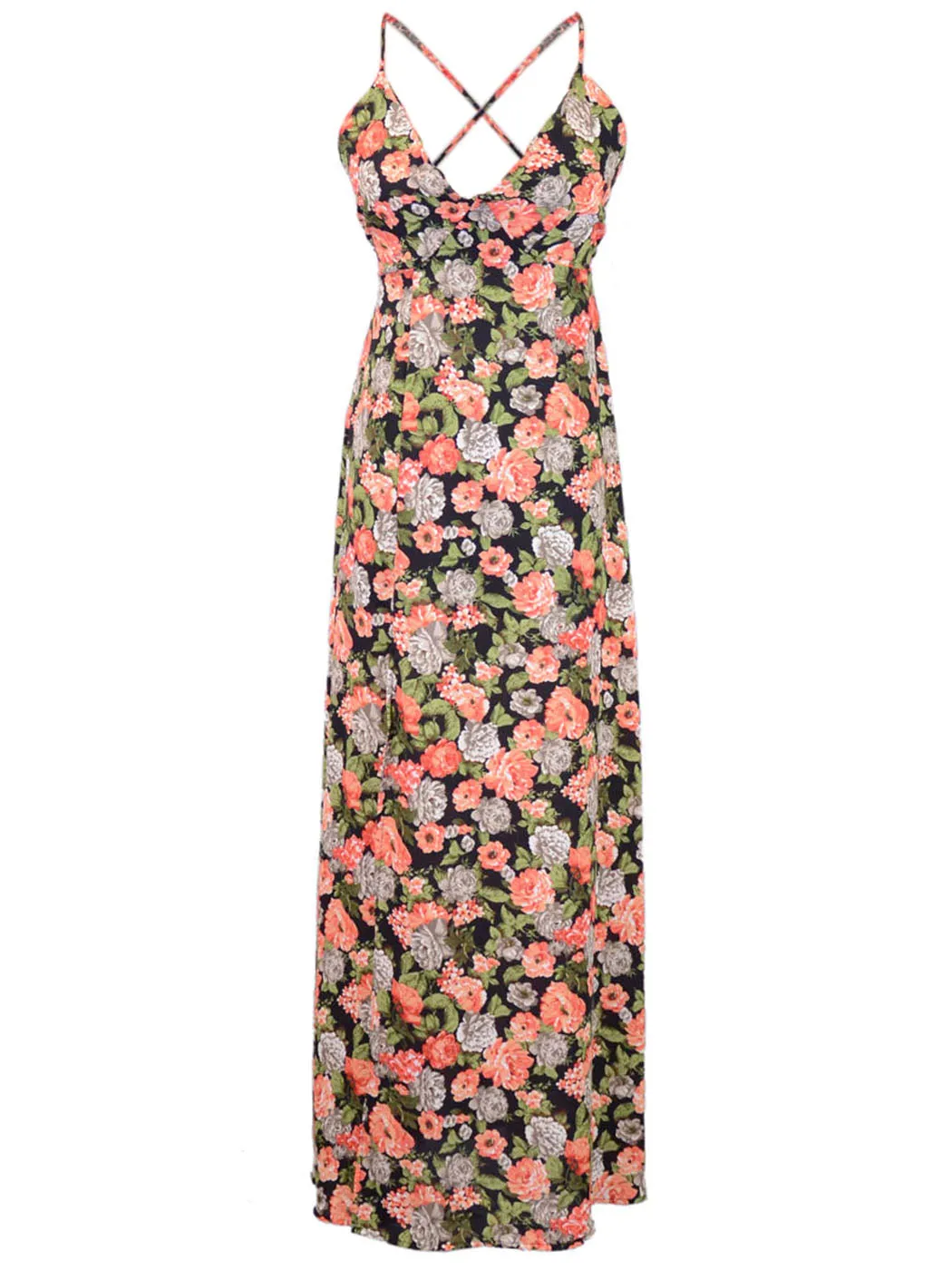 Moon Collection Slitted Multicolor Floral Print Maxi Dress With Low V Neckline