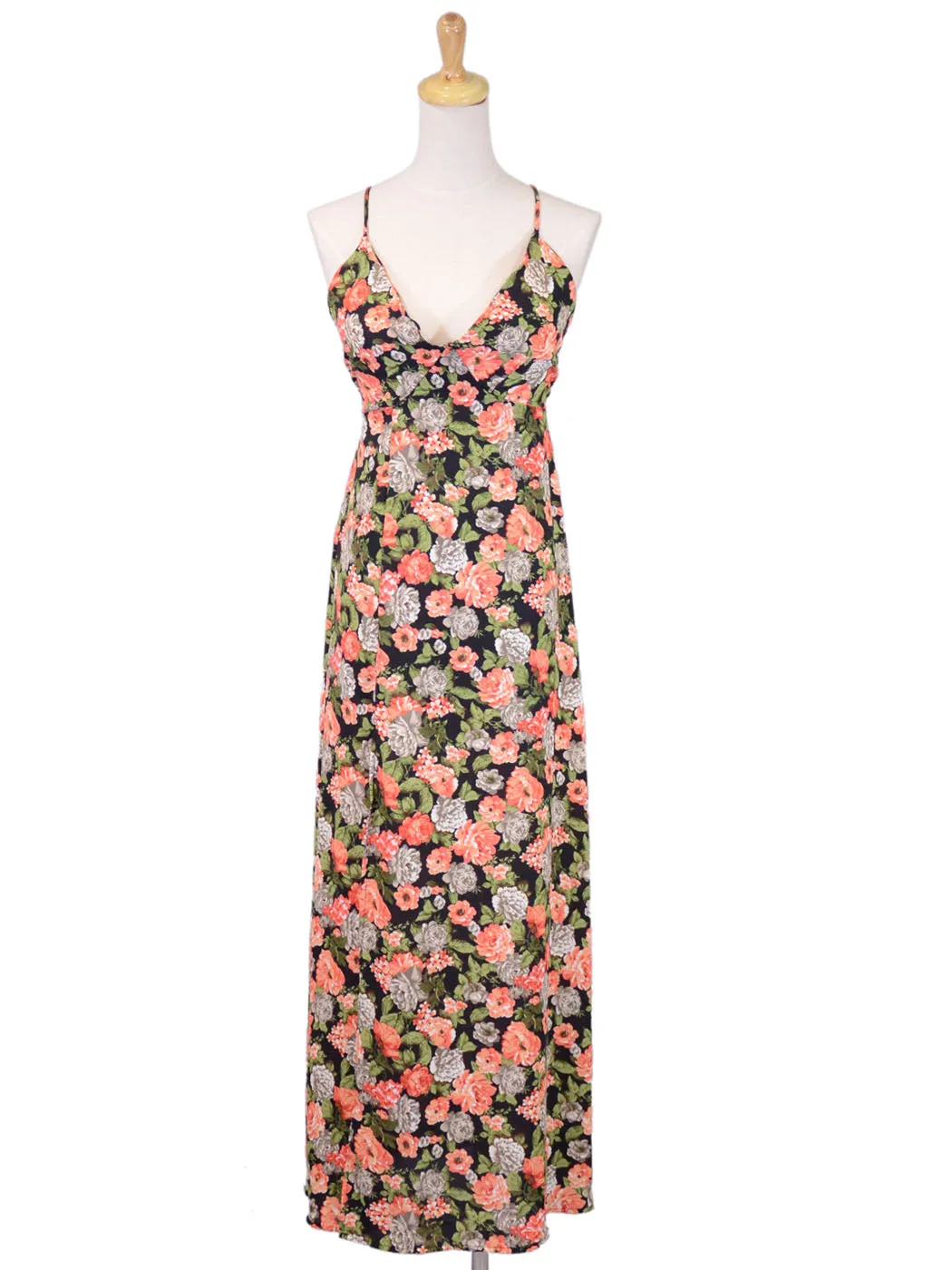 Moon Collection Slitted Multicolor Floral Print Maxi Dress With Low V Neckline