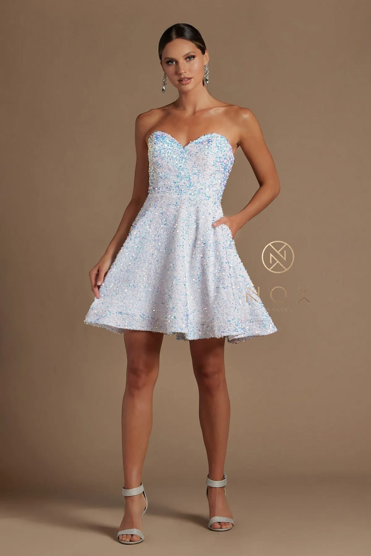 NOX ANABEL R705 SWEETHEART NECKLINE SHORT DRESS AB SEQUINS POCKETS Size 4, 6, 8, 10, 12