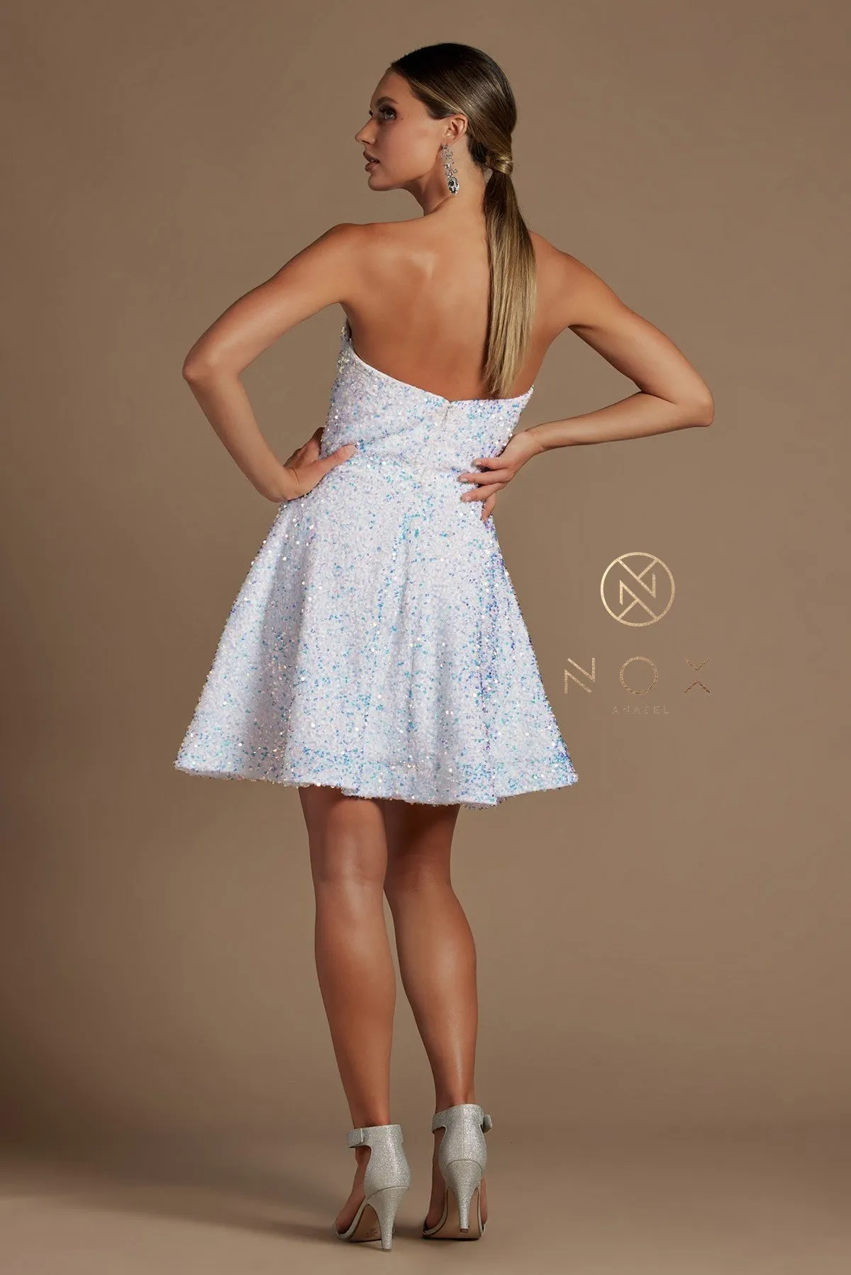 NOX ANABEL R705 SWEETHEART NECKLINE SHORT DRESS AB SEQUINS POCKETS Size 4, 6, 8, 10, 12