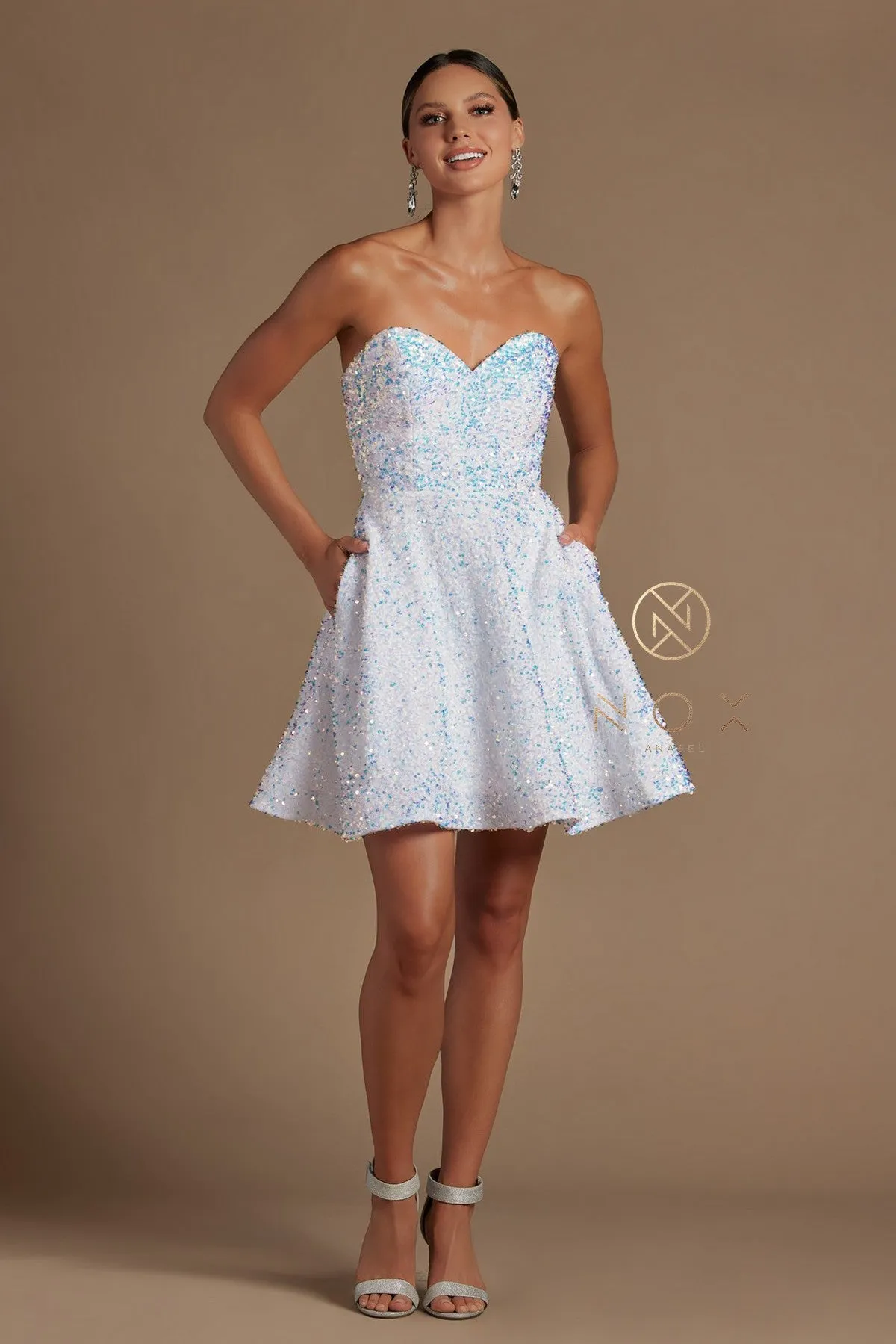 NOX ANABEL R705 SWEETHEART NECKLINE SHORT DRESS AB SEQUINS POCKETS Size 4, 6, 8, 10, 12