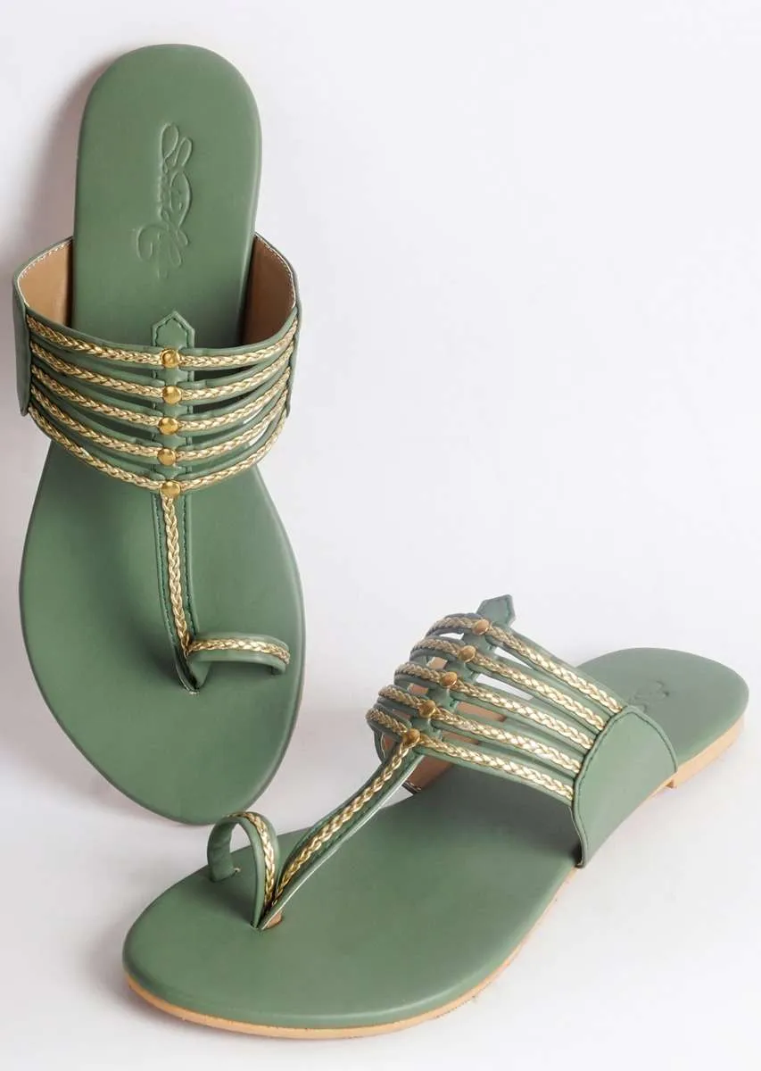 Olive Green Kolhapuri With Gold Braid And Gold Rivets By Sole House