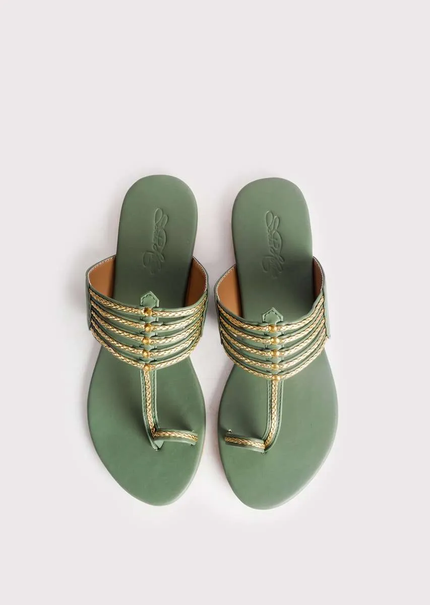 Olive Green Kolhapuri With Gold Braid And Gold Rivets By Sole House