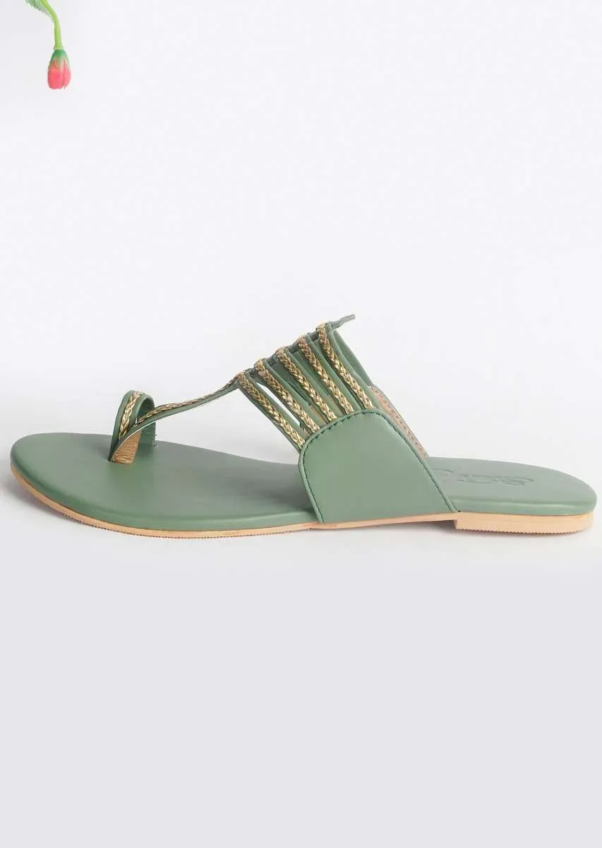 Olive Green Kolhapuri With Gold Braid And Gold Rivets By Sole House