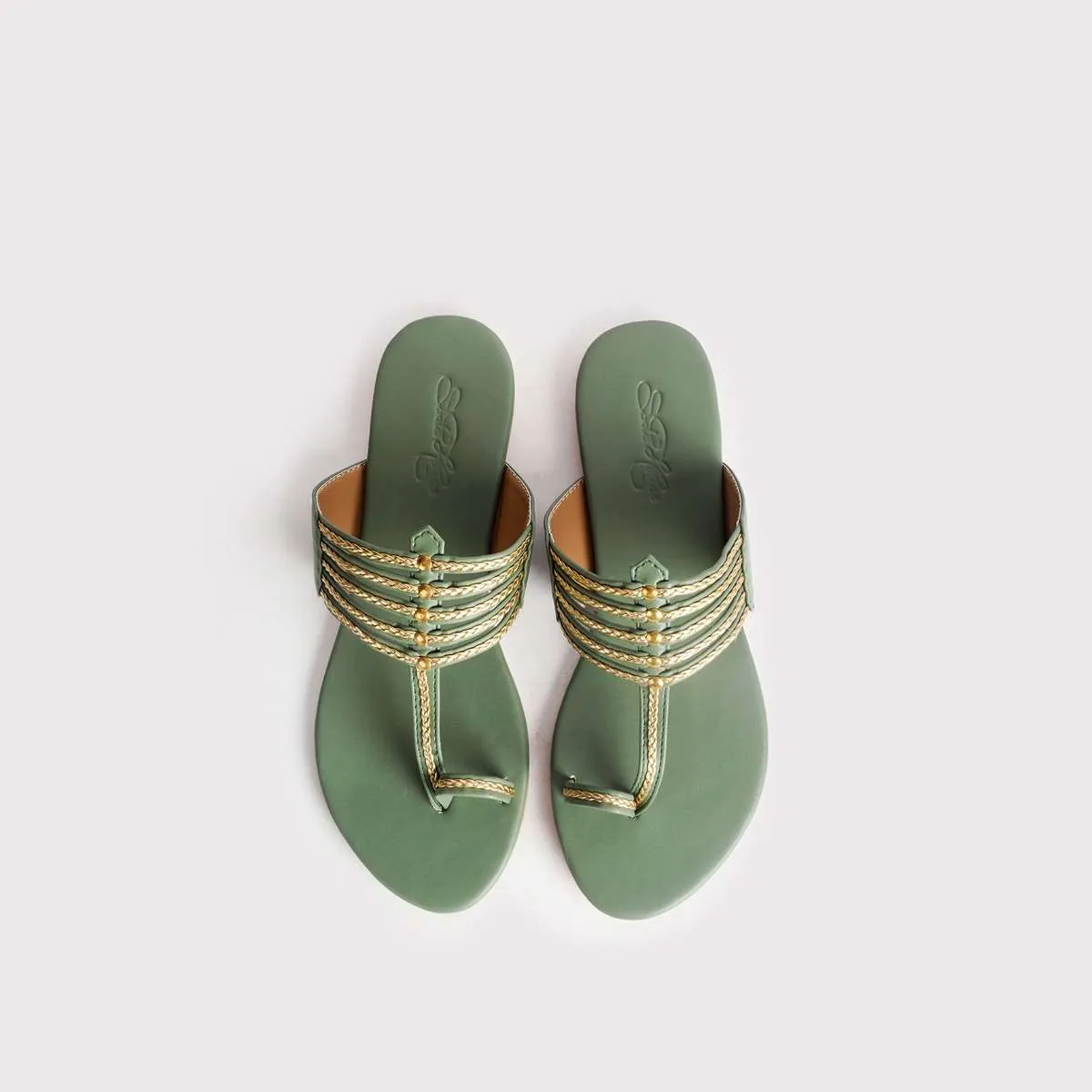 Olive Green Kolhapuri With Gold Braid And Gold Rivets By Sole House