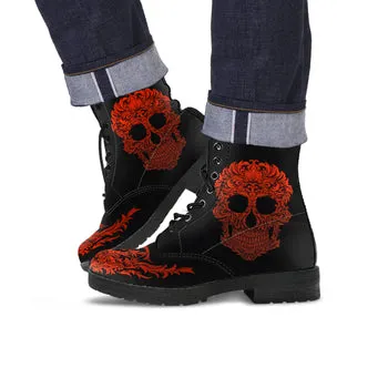 Red Flames Skull Print on Demand Artwork Women's Fur Trimmed Combat Style Boots