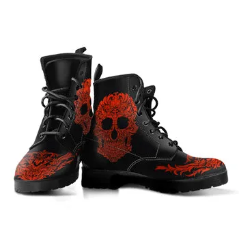 Red Flames Skull Print on Demand Artwork Women's Fur Trimmed Combat Style Boots