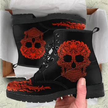 Red Flames Skull Print on Demand Artwork Women's Fur Trimmed Combat Style Boots