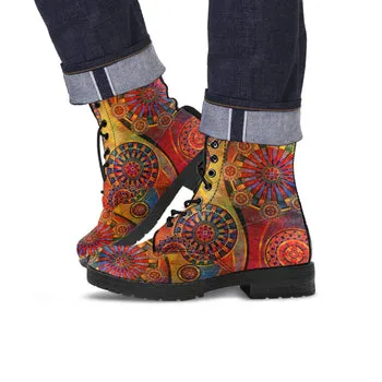 Red Steampunk Print on Demand Artwork Women's Fur Trimmed Combat Style Boots