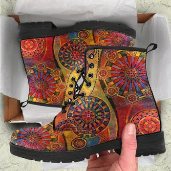 Red Steampunk Print on Demand Artwork Women's Fur Trimmed Combat Style Boots